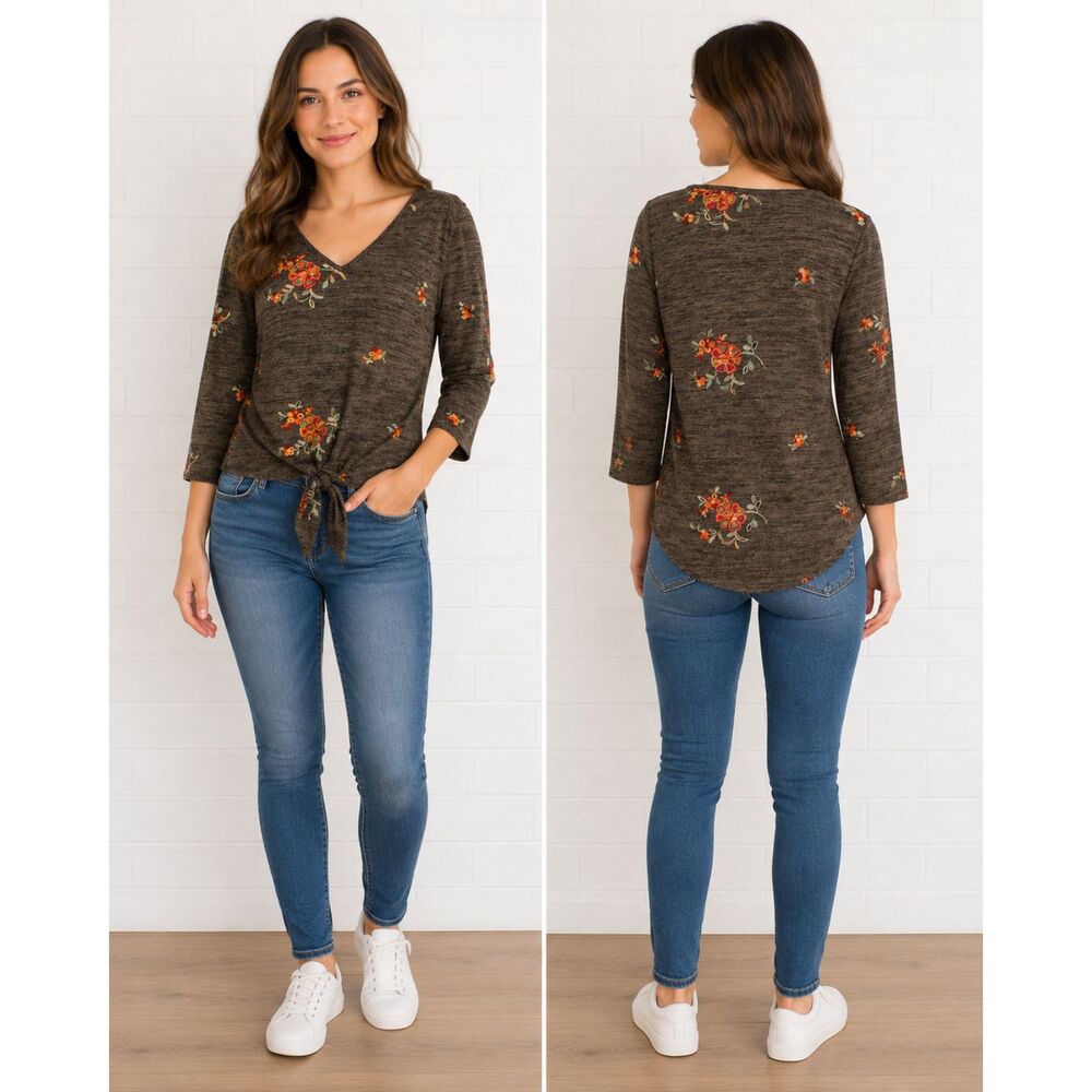 Fig and Flower M 8 10 Heather Gray Floral Embroidered Hi-Low Knit Pullover Top